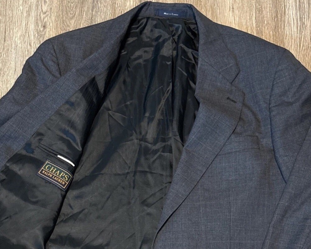 CHAPS Ralph Lauren Blazer 44T Gray Plaid 100% Wool Jacket Made in Canada